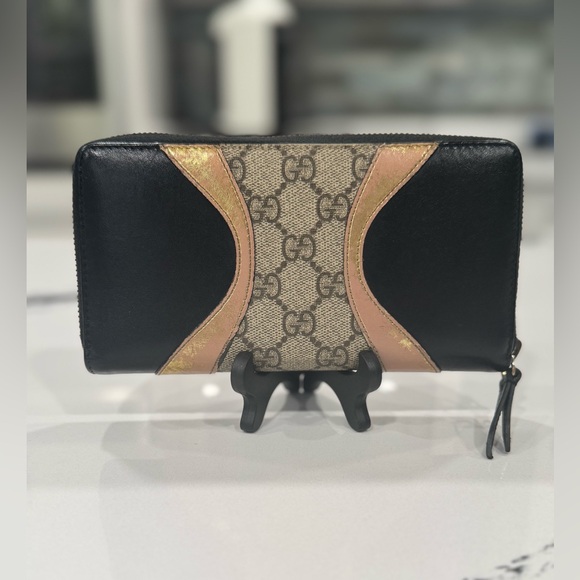 GG Supreme Monogram Osiride Zip Around Wallet Black Gold/Pink Preloved with COA - Picture 1 of 14